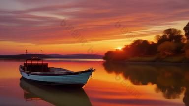 夕阳水面上的渔船